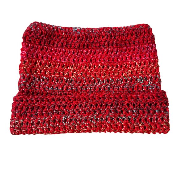 Crochet Cat Ear Cuff Oversize Beanie Red with Multicolor Small Stripes Brand New - Picture 5 of 5